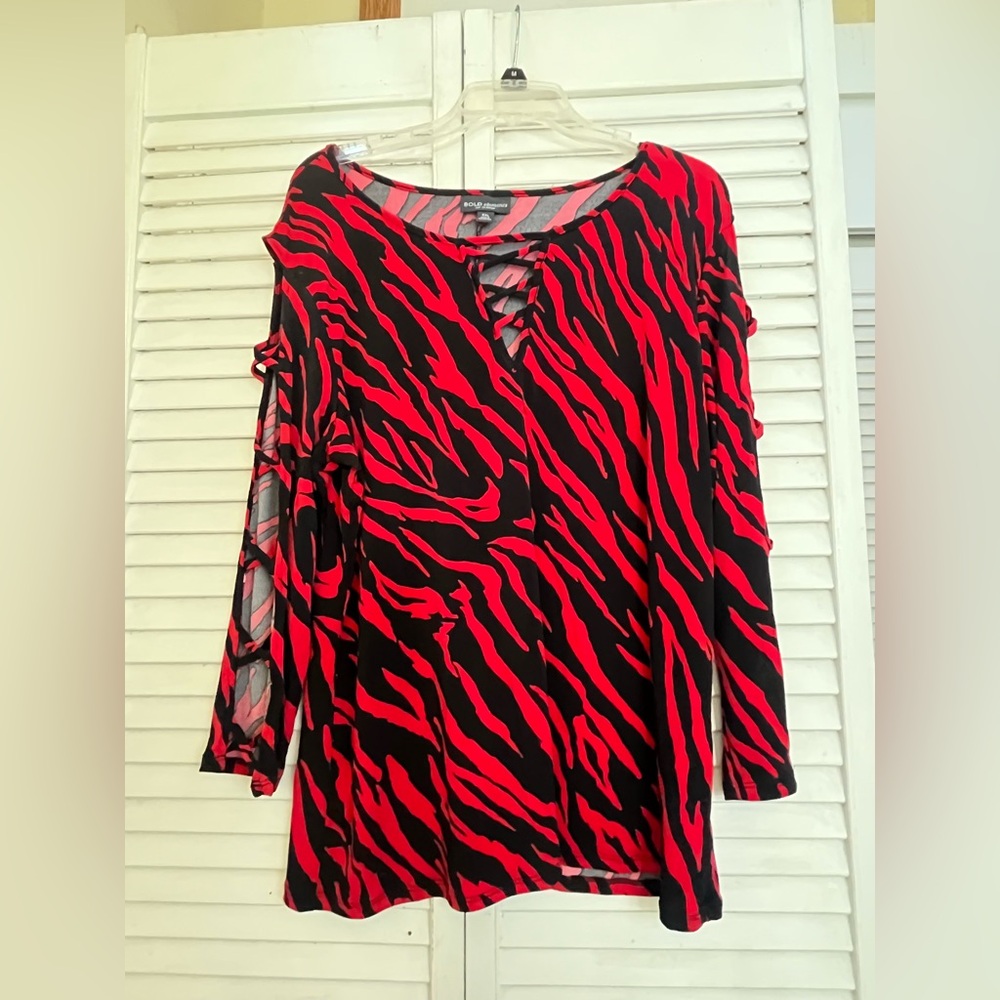 BOLD elements cut to curve Red and Black Animal Print Blouse